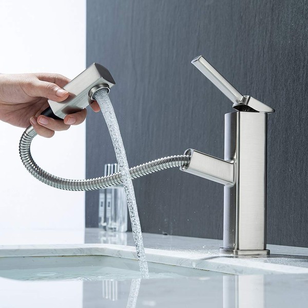KAIYING Bathroom Sink Faucet with Pull Out Sprayer, Single Hole Utility Bar Sink Faucet, Lavatory Pull Down RV Sink Faucets with Rotating Spout, Single Handle (Regular, Brushed Nickel)
