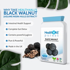 Health4All Black Walnut Hulls 2000mg 90 Capsules, Strongest Green Husk Capsules for Intestinal Health, Cleanse & Detox, Vegan, Purest: no additives | Made in UK