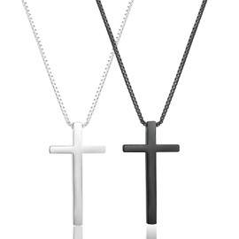 2pcs Cross Necklace for Men, Women, Stainless Steel Plain Cross Pendant Necklace, Mens Cross Chain Necklaces, Silver+Black