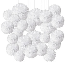 Pack of 24 Pompoms Decorative White Tissue Paper Pompoms, Lanterns Pom Poms Honeycomb Balls Fan Decoration Set White for Wedding Celebration Birthday Party School Party Theme Party Baby Shower