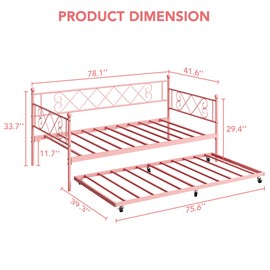 IDEALHOUSE Twin Daybed with Trundle, Twin Trundle Bed with Stylish Headboard, Heavy Duty Metal Slats Mattress Foundation, No Box Spring Needed, Easy Assembly, Pink