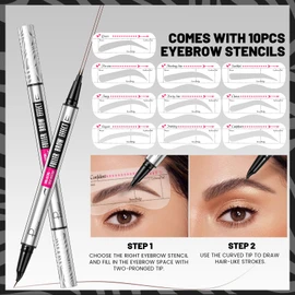 Curved Eyebrow Pencil with 10Pcs Stencils, 2-in-1 Dual-Ended Microblading Eyebrow Pen with Curved Brush-Tip and Fork-Tip for Hair-Like Brows, Waterproof Eyebrow Pencils for Women, Charcoal Grey