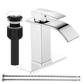 sagetta Waterfall Bathroom Sink Faucet Single Hole Faucet with Three Hole Cover Deck Plate, Pop up Drain and Water Hoses Stainless Steel Vanity Faucet, Chrome
