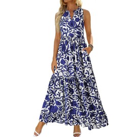 BTFBM Womens Summer Maxi Dresses 2025 Casual Sleeveless V Neck Loose Fit Floral Boho Dress Beach Long Sundress(White Navy Flower,Large)