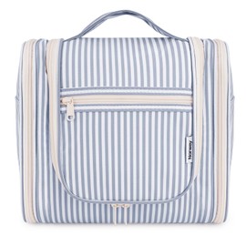 Narwey Striped Hanging Travel Toiletry Bag for Women, Travel Bag for Toiletries, Makeup Bag Organizer Cosmetic Bags Make Up Bags for Women (Greyish Blue Stripe)