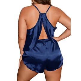 Floerns - Conjunto de pijama de satén para mujer, talla grande, con pantalones cortos, Azul Real, 3X-Large Plus