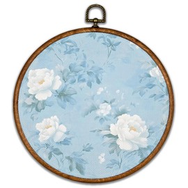 KSDUT Retro Aesthetic White Floral Wall Art Decor - Botanical Neutral Mid Century Modern Blue Wall Art Canvas Frame Hanging Prints, Vintage Landscape Round Wall Art Decor for Home Decorations 10"x10"