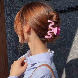 Cybche Large Hair Clips Pink Acrylic Wavy Claw Clips Matte Plastic Hair Clip Large Pink Hollow Hair Clip Non-Slip Thick Hair Clips Accessories for Women Headdress