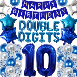 DUFACAI 53 Pieces 10th Birthday Decorations Double Digits Party Balloons Happy Birthday Banner Number 10 Balloons Blue Silver Foil Balloons Latex Balloons for 10 Year Old Boy Birthday Party (Blue)