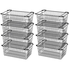 SANNO Freezer Basket Stackable Wire Baskets For Pantry Storage and Organization Pantry Storage Bins With Handles Sturdy Metal Food Baskets Pantry Organized,set of 8,Black