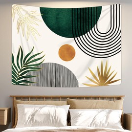 KOMLLEX Chic Abstract Tapestry Boho Leaves Mid Century Sun Arch Minimalist Modern Gold Botanical Plant Simple Geometric Wall Hanging Aesthetic Green Home Decor Art for Living Room Bedroom Dorm 78Wx59H