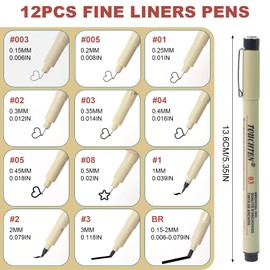12 Pieces Black Ink Fineliner Pens Set, 0.15-3 mm Technical Drawing Micro Pens Without Leaking, Waterproof Artists Fine Drawing Pens, Fine Tip Pens for Sketching Illustrations Comics