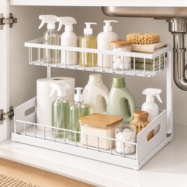 2-Tier Under Sink Organizer for Cabinet Storage – Metal Pull-Out Shelf for Kitchen and Bathroom Organization