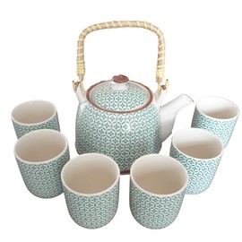 Herbal Teapot Green Mosaic.Built in Teastrainer and 6 Matching Cups