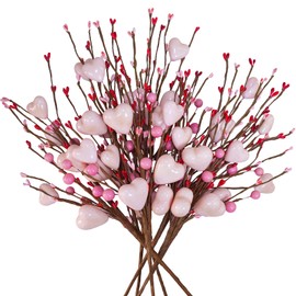 Winlyn 6 Pcs Valentine's Day Heart Berry Picks Blush Pink Artificial Heart Shaped Flower Stems 16.5" Valentine's Day Picks for Valentine Tree Bouquet Wreath Centerpiece Wedding Floral Arrangement