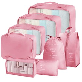 Teynewer 8 Pcs Packing Cubes for Suitcase, Travel Organiser Packing Bags, Travel Luggage Packing Organizers Waterproof Packing Cubes for Travel Accessories, Pink