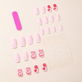 Valentines Day Press on Nails French Tip Fake Nails Medium Square False Nails Lip Heart Acrylic Nails Love Heart Stick on Nails White Nail Tip Full Cover Glue on Nails Cute Stick on Nails for Women