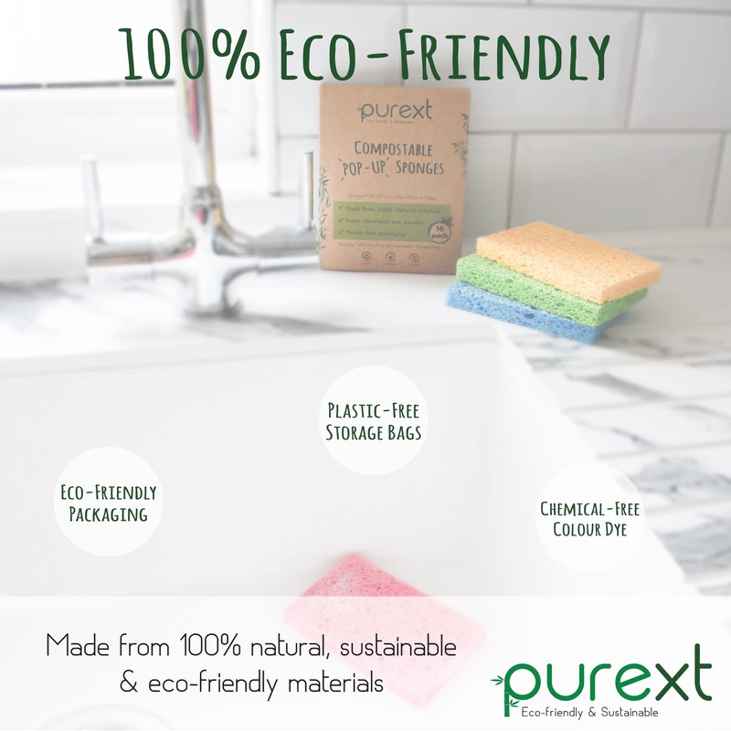 PureXT 16 Pop-Up Eco Sponges | Compostable, Cellulose | Dish