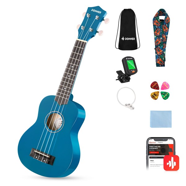 Donner Soprano Ukulele for Beginners 21 Inch Ukelele Starter Bundle