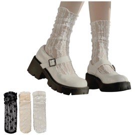 FASELE Women's Socks, Lolita, Cute, JK, Ribbon, Fashionable, Lace, Women's, Lolita, Not Stuffy, All Seasons, For Work or School, All Seasons, Calf Socks, Present, Gift, Lace, 3-pair set