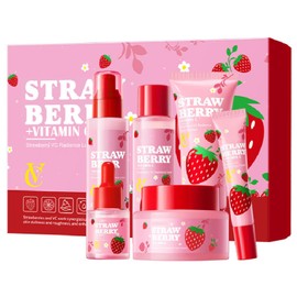 Strawberry Skincare Set 6 PCS Hydrating Face Care Kit with Cleanser Toner Serum Cream Eye Cream Lotion, Collagen Hyaluronic Acid Routine Set, Skincare Gift Set for Teen Girls & Young Women