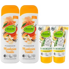 Alverde Natural Cosmetics Set of 4 Main Care: Shower Gel Mandarine Vanilla Invigorating pH Neutral Shower Gel (2 x 250 ml) + Hand Cream Bee Happiness for Dry Stressed Hands (2 x 75 ml) 650 ml