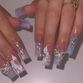 IMRAIN IMRAIN Press on Nails Long Square Fake Nails Purple Gradient Glossy False Nails Full Cover Glue on Nails with Butterfly Rhinestone Designs Artificial Spring Acrylic Squoval Nails Kit Stick on Nails