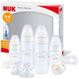 NUK Perfect Start First Choice+ Baby Bottles Set | 0-6 Months | 4 x Temperature Control Bottles, Dummy, Bottle Brush & More | Anti-Colic | BPA-Free | Hearts (White) | 10 Count
