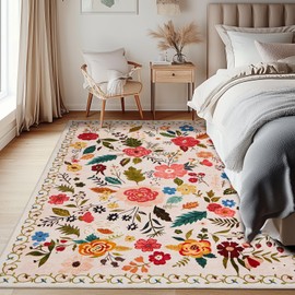 Rugs for Living Room, 4X6 Area Rug Boho Floral Vintage Rug for Bedroom Washable Rug Soft Low Pile Living Room Rug, Non Slip Carpet Non-Shedding Rug for Dining Room, Kids Playroom, Beige Pink
