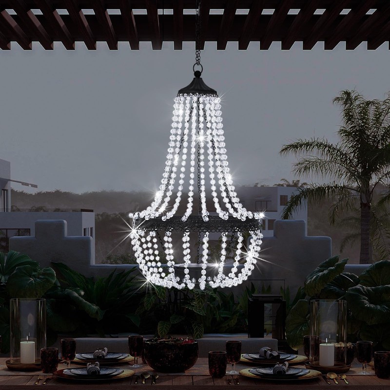 Hanging Solar Lantern Outdoor, 28” Modern Clear Crystal Acrylic Chandelier