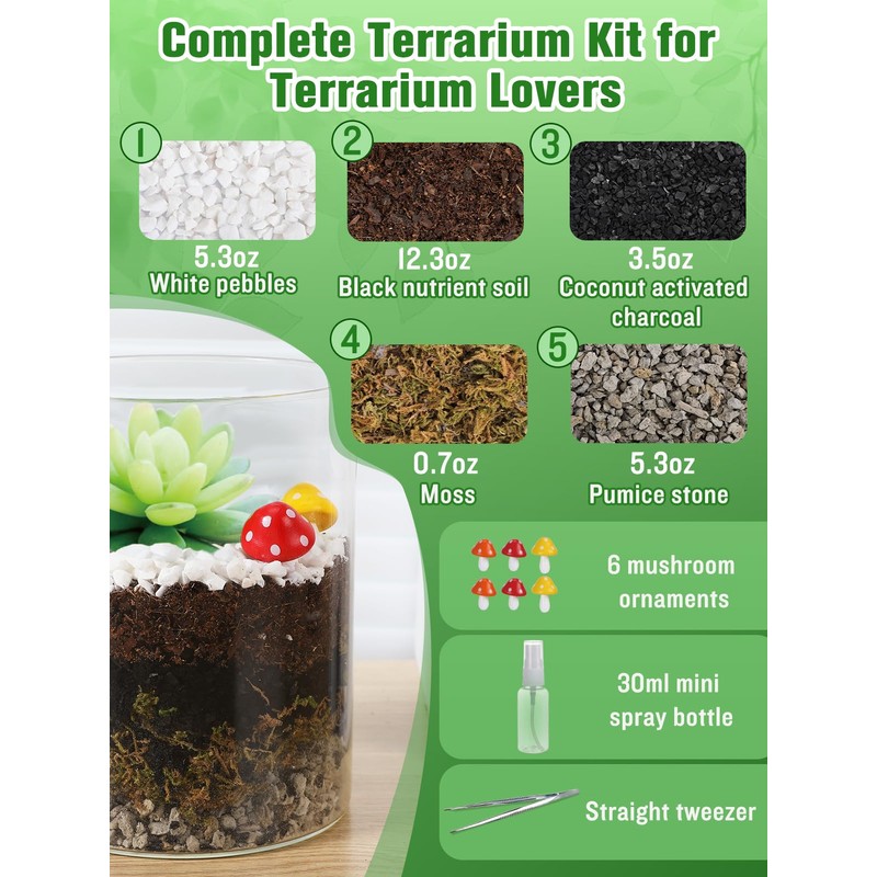 Terrarium Kit Adults - Includes Pumice, Moss, Soil, Pebbles, Charcoal,