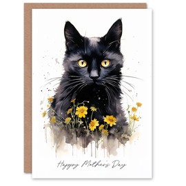 Artery8 Mother's Day Greeting Card Black Cat Lover Yellow Flowers For Mum