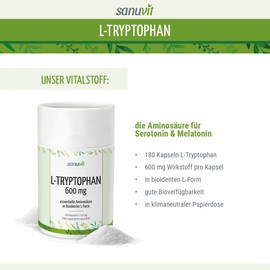 Sanuvit® - L-Tryptophan 600 mg per capsule, high dose, amino acid, high bioavailability and compatibility, vegan, made in Austria, 180 capsules