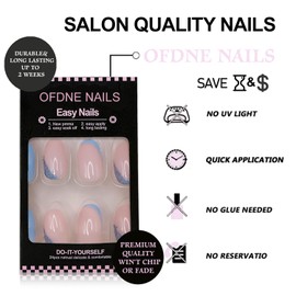 Short Press on Nails Almond Baby Blue OFDNE Fake Nails Shimmer False Nails Glitter Glossy Glue on Nails Full Cover Stick on Nails Reusable Acrylic Nails Artificial Nails for Women Girls 24 Pcs