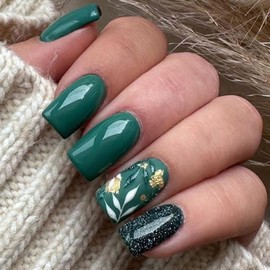 24 Pcs Black Green Press on Nails Medium Square - SHANRUN Fake Nails Press ons Nail Art Tip Glue on Nails Full Cover False Nails with Flowers Silver Glitter Design Stick on Nails Acrylic Kit for Women