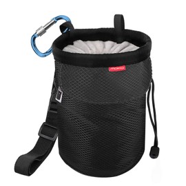 MoKo Chalk Bag Drawstring Waist Pouch Waist Attachment Tubular Shape Wide Opening Slanted Opening Nylon Surface Fleece Lined Pocket Placement Carabiner Included For Bouldering Climbing Outdoors Black