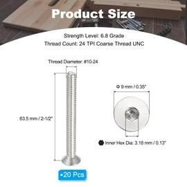 PATIKIL #10-24 x 2-1/2 Inch Flat Head Socket Cap Screws, 20 Pack 304 Stainless Steel Flat Countersunk Bolts Hex Socket Drive Machine Screws Full Thread Coarse Thread UNC Grade 6.8