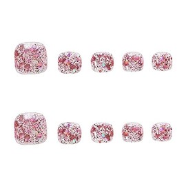 24pcs/set Press On Toenails for Women and Girls Glitter Fake Toenails Acrylic False Toenails Full Cover Artificial Toenails Kit Glue On Toe Nails(Rose Pink)