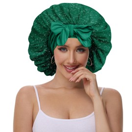 Vettres Satin Hair Bonnet for Sleeping Party Double Layer Bonnet Glittering Mesh Sleep Cap for Curly Natural Hair, Green, Large
