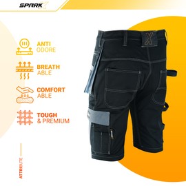 SparkX Work Shorts Men – Heavy Duty Workwear Multi Holster Pockets, Utility & Safety Combat Cargo Summer Shorts- Triple Stitched, Breathable & Anti-Odour – Black