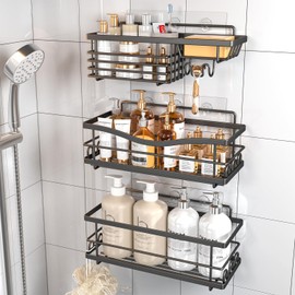 Youvip Shower Caddy Adhesive, 3 Pack Bathroom Shower Organizers, No Drilling Shower Shelves with Hooks & Soap Holder, Large Capacity Shower Rack for Inside Shower, Black