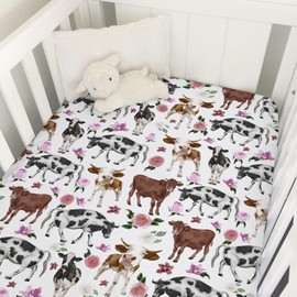 Watercolor Cows Boho Floral Baby Crib Sheets 52''x28'' Farm Cows Cattle Yak Fitted Crib Mattress Cover Sheets for Boy Girl Nursery Toddler Bed Sheets for Standard Crib and Toddler Mattresses
