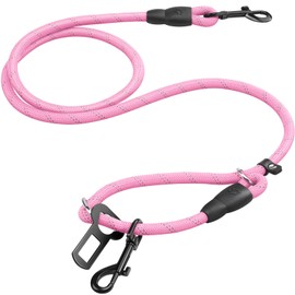 Pawaboo Dog Car Seatbelt, Dog Safety Harness for Car with Metal Clip Buckle, 360° No Tangle Adjustable Vehicle Safety Belt Leash for Pet, Dogs Vehicle Headrest Restraint with Reflective Strips, Pink