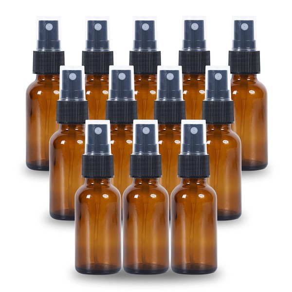 YONKAN 2oz Glass Spray Bottle, Fine Mist Boston Glass Bottles with Black Fine Mist Sprayer Small Clear Bottles for Essential Oils, Bath, Beauty, Hair & Cleaning, Amber, Pack of 12