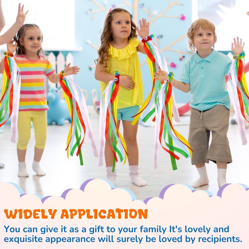 12 Pcs Rainbow Dance Ribbons for Kids with Bells Elastic
