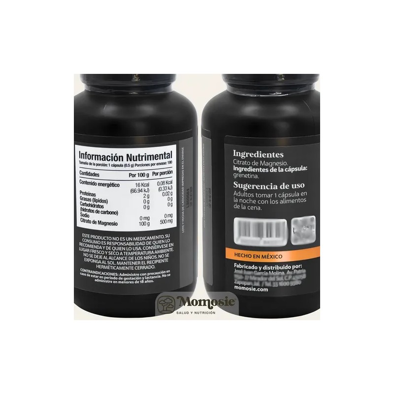 Citrato Magnesio Momosie Suplemento Alta Absorción 180 Cápsulas Puras