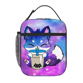 WOEMOZAP Galaxy Fox Insulated Lunch Box,Kawaii Fox Drinking Boba Bubble Tea Kids Lunch Bags For Girls,Reusable Portable Kids Girls School Lunch Box With Detachable Handle