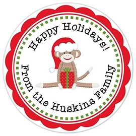 36 Christmas Address Labels, Christmas Sock Monkey Custom stickers, Holiday Stickers, 2.5 inch round