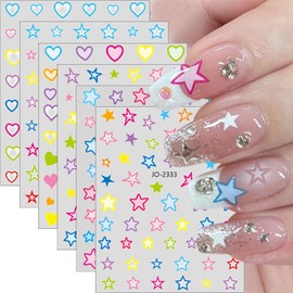Colorful Star Nail Stickers 3D Self-Adhesive Star Hearts Cute Nail Art Stickers French Design Nail Decals para Uñas Nail Supplies Stars Slider Stickers Nail Accessories for Women DIY Manicure 6Pcs