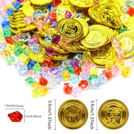 Pirate Treasure Gold Coins and 200 Pieces Pirate Gemstones Gold Coins Pirate Toy Pirate Treasure of Pirate Parties and Birthdays Children's Birthday Treasure Hunt